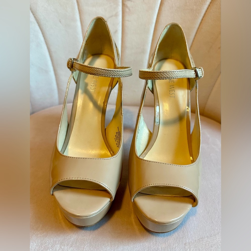 Nine West Nude Peep-Toe Platform Heels with Ankle Strap